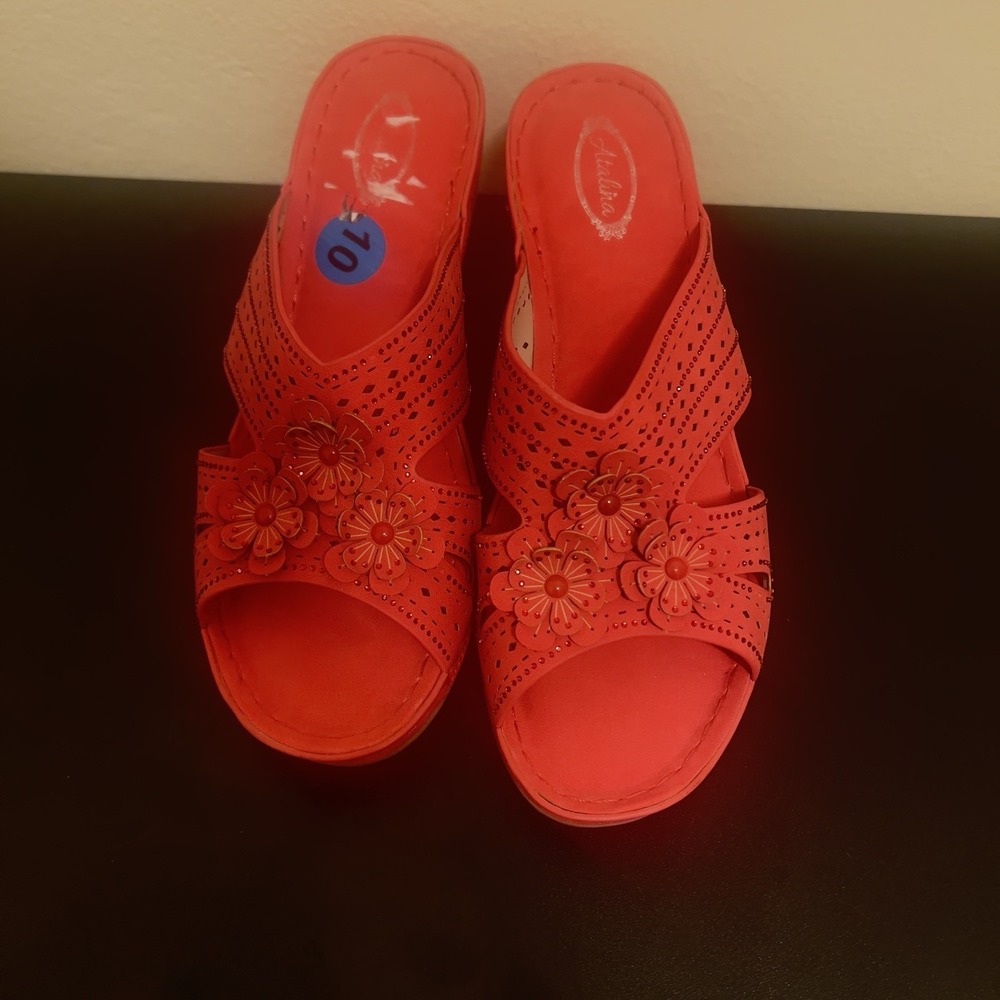 Atalina Sandals Red Shoes Wedge Low Heel‎ Comfort Gladiator Fisherman, Size 10